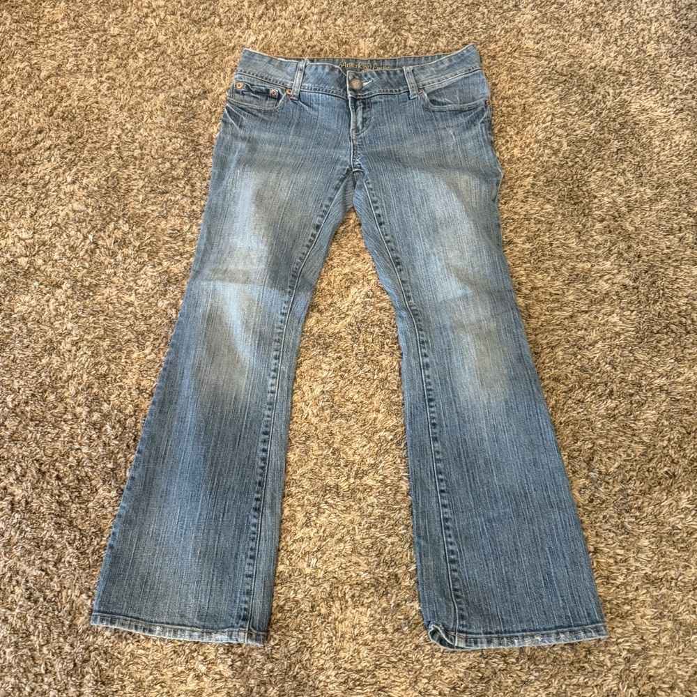 American Eagle Women Jeans Vintage Sz 8 Short Distressed Blue 5 Pocket, Bootcut